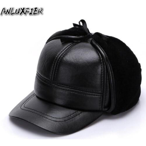 B-7134 Adult Leather Hat Ear Protective Warm Hats Mens Sheepskin Fur Cap Baseball Hat for Man New Year Gift