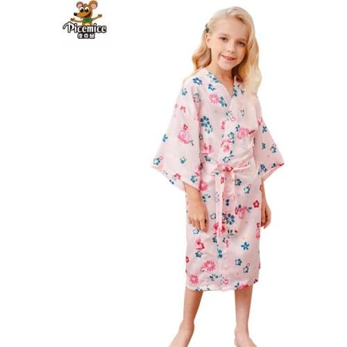 New 2021 Girls Stain Silk Robes Flower Girl Kimono Robes Wedding Brief Bathrobes Pajamas Kids Robe+Belt Nightdress Hot Sale