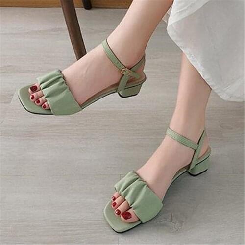 2021 Summer New Fashion Versatile Ankle Buckle Sandals Fairy Style 5CM Thick Heel Simplicity Fold Leather Shoe Beige Black Green