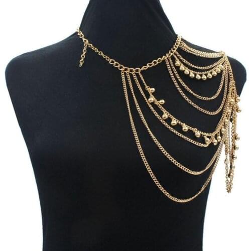 New Women Tassels Link Balls Single Shoulder Chain Necklace Gold Chains Jewelry Small Bells Body Jewelry Crossover