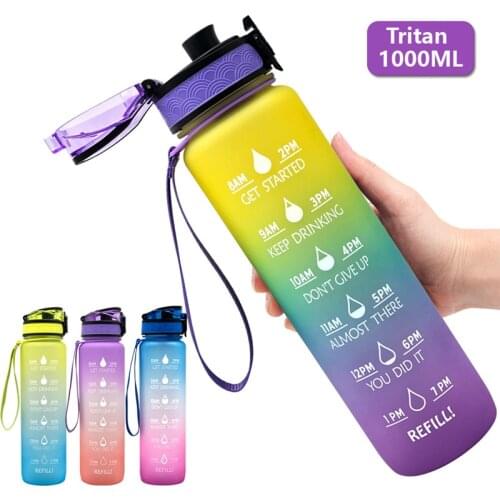 1000ML Frosted Gradient Bouncing Cup Plastic Sports Outdoor Water Bottle With Time Scale Reminder Gym Plastic Drinking Bottles