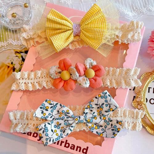 3Pcs/Set Baby Girls Headband Lace Bowknot Flower Pink Print Newborn Hairband Kids Headwear Girls Sweet Korean Hair Accessories