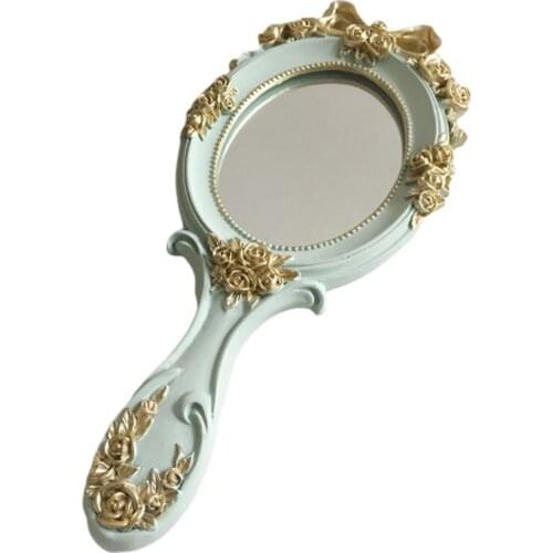 European Palace Style Vintage Handheld Roses Mirror Princess Women Girls Oval Vanity Makeup Cosmetic Tool with Anti-Slip Handle
