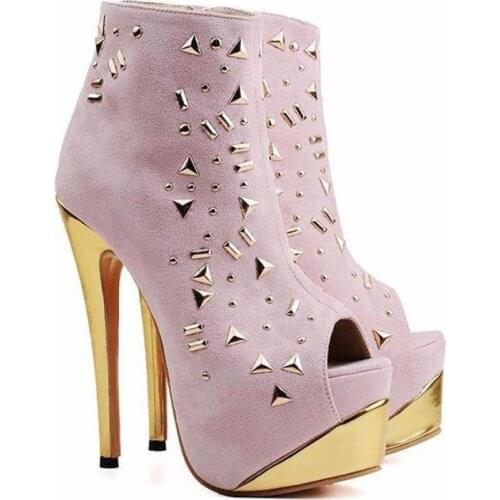 Pumps Women Shoes Super High Heel Thin Heels Peep Toe Rivet Zip Ladies Platform Shoe Suede Pink Ankle Booties Botines Mujer