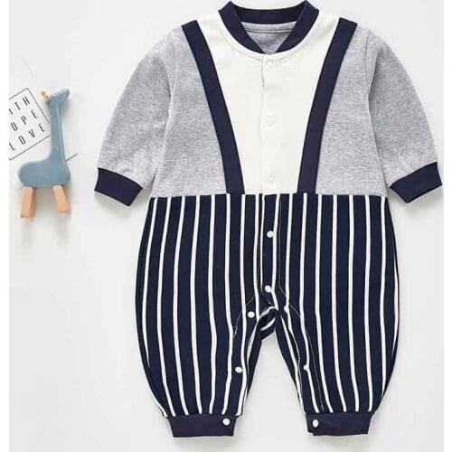 Spring Boy Baby Romper Fake Two Piece Splicing Jumpsuit Striped Casual Climbing Baby Boy Clothes Outfit
