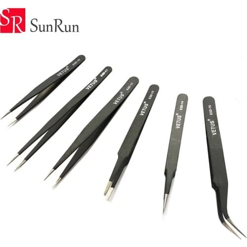 Highly Quality 6 pcs Safe Anti-static Stainless Steel Tweezers Repairing Maintenance Tools ESD