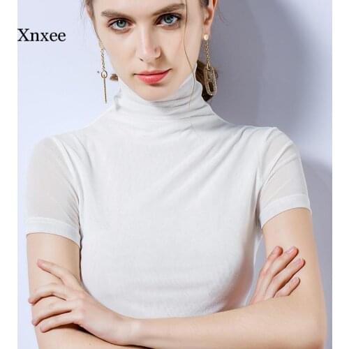 Size S-3Xl Women Turtleneck Slim Soft Short Sleeve t Shirts Lady Mesh Elegant Stretchy Tops Tees Female Basic T-Shirt Clothing