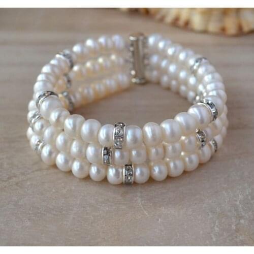 Stunning Pearl Jewelry,AA 5-6MM 8 Inch 3Rows 100% Real Freshwater Pearl Bracelet,Natural Pearl Crystal Fashion Womens Jewelry