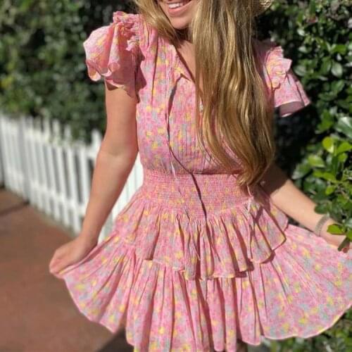 2021 Summer Pink Floral Print Ruffled Trims Dresses Women Pintucked Front Tiered Cute Dress V-neck Holiday Dress