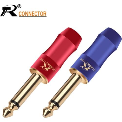 2pcs New arrival Copper Jack 6.35mm Gold-plated Audio Plug Connector 6.35mm MONO Plug Assembly Microphone Connector Blue&Red