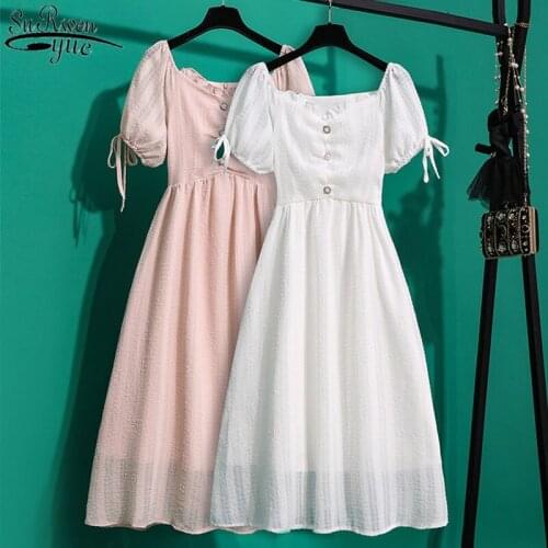 2021 Summer New Dress Womens Fashion Short Sleeve with Bow Elegant Women Dress Vintage Pleated Long Dress Women 13834
