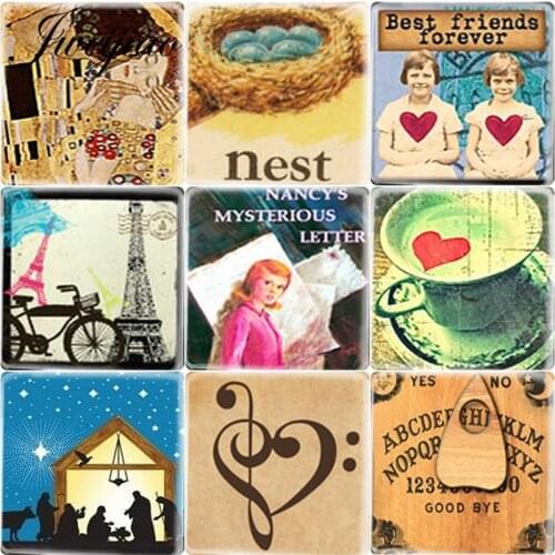 JWEIJIAO 5pcs/Lot Square Shape The Kiss Lover Klimt Glass Cabochon Classic book Images Charms DIY Jewelry Accessories