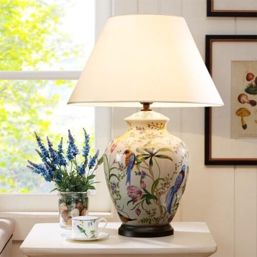 XIRIGHT 40x54cm Large Flower and Bird Ceramic Table Lamp For Living Room Bedroom Simple Modern Bedroom Bedside Lamp Retro Lamps