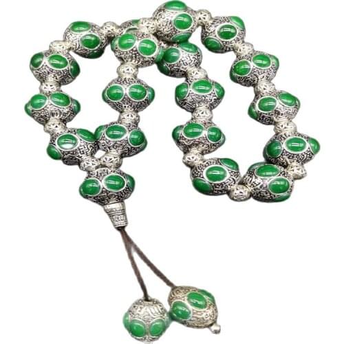 China Old Tibetan Silver Inlaid Green Colour Jade Bead Hand String Bracelet Holding Rosary Beads