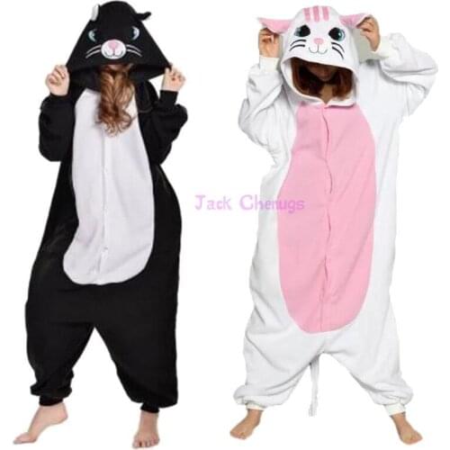 Black White Cat Kigurumi Onesie Animal Winter Flannel Pajamas Cartoon Adult Halloween Party Costume Jumpsuit