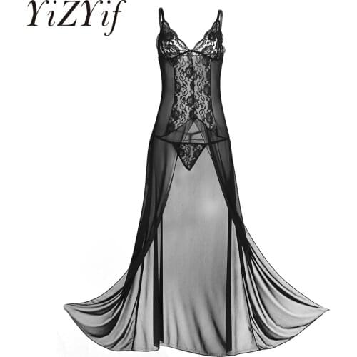 Lace Lingerie Robe Long Sheer Plus Size Sexy Dress Babydolls Women Transparent Nightgown Sexy Hot Erotic Underwear With G-string