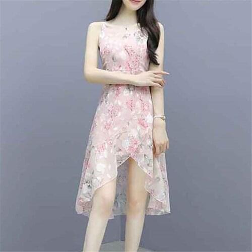 Summer Sexy Spaghetti Sling Floral Elegant Chiffon Dress Women Irregular Ruffles Sleeveless V-Neck Fashion Ladies Vestidos G1103