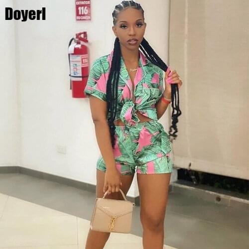Summer Women Two Piece Set Shorts Set Button Crop Top Shirt Top and Short Set Print Sexy 2 Piece Club Outfits for Women Suit