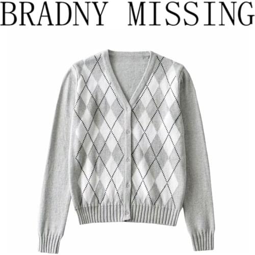 Sweet Women V Neck Knitted Cardigan 2021 Spring-autumn Fashion Ladies England Style Vintage Sweater Female Plaid Cardigan Top