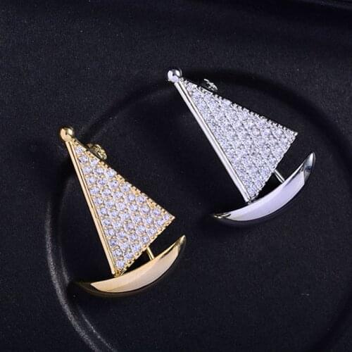 OKILY Mini AAA Boat Brooches for Women Lapel Pin Men Suit Vintage Sailboat Rhinestone Brooch Pins Broche Female Jewelry