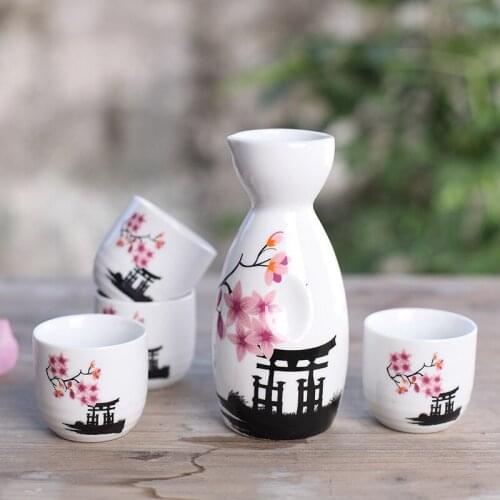 Ankoow Japanese Sake Set with Four Cups Hand Painted Pink Flower porcelain Style Pottery Traditional Ceramic Crafts Wine Pot Cup