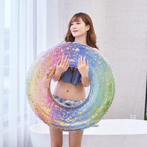 Glitter Sequins Rainbow Gradient Inflatable Swimming Ring Pool Floats Water Circle Summer Beach Party Toys for Adult Children