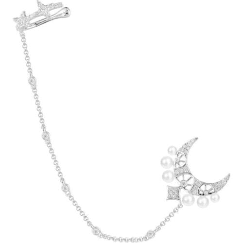 SOELLE Fashion Real 925 Sterling Silver Single Moon & Star Pearl Ear Cuff with Stud Zirconia Clip Earring 1pc Women Fine Jewelry