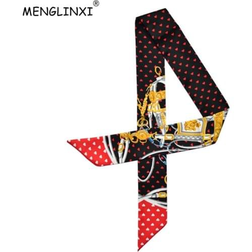 2021 New Design Scarf Small Heart Print Women Silk Scarf Fashion Head Scarf Brand Handle Bag Ribbons Small Long Scarves Z0