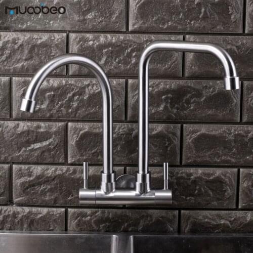 Modern Design Kitchen Faucet 304 Stainless Steel Double Pipe Double Outlet Double Head Single Cold Water Tap