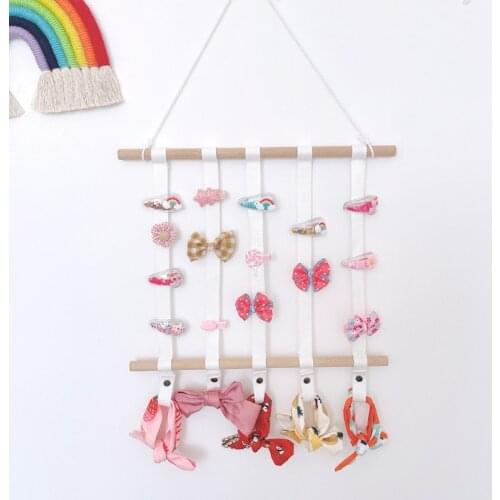 5 Colors Nordic Woven Wooden Sticks Girls Hair Bows Storage Belt Kids Hairpin Hair Clips Holder Headbands Organizer Bed Hanging