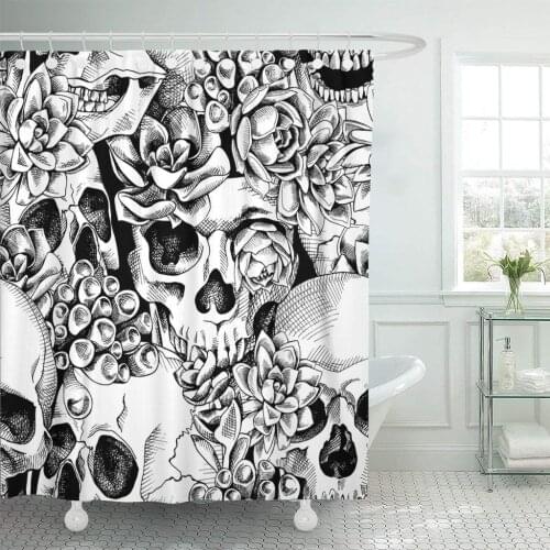 Pattern of Skull and Succulent Plant Floral Black Engraving Shower Curtain Waterproof 72 x 78 Inches Set with Hooks