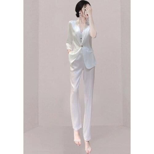High-End Women Occupation Stripe 2-Piece Set Summer Fashion Lapel Coat + High Waist Long Pants Female Business Brand Satin Suit