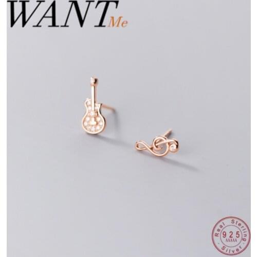 WANTME Fashion Romantic Cute Simple Genuine 925 Sterling Silver Note Pipa Stud Earrings for Women Teen Girl Party Couple Jewelry