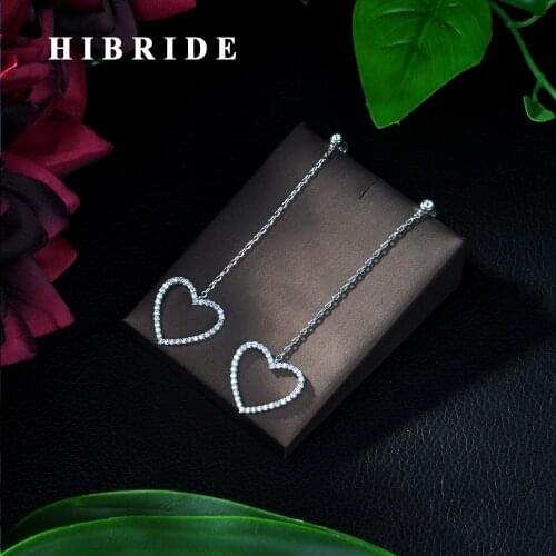 HIBRIDE Cute Big Heart Shape Flower 2019 New Design CZ Crystal Large White Bridal Long Dangle Earrings for Women Wedding E-255