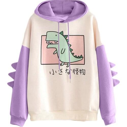 Women Hoodies Cartoon Tops Sweatshirt Fashion Hooded Vetement Female Casual Print Long Sleeve Splice Dinosaur Sweatshirts Mujer