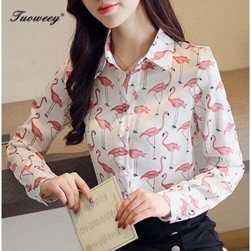 2020 Autumn Female Tops Flamingo Print Shirts New Fashion Chiffon Blouse Women Casual Long Sleeve White Blusas Chemisier Femme