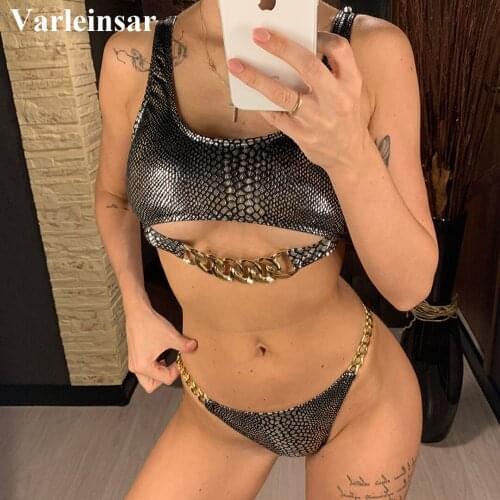 New Bronzing Snake Printed Bikini Female Swimsuit Women Swimwear Two-piece Bikini Set With Chain Bather Bathing Suit Swim V1895