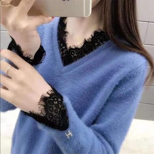 Stitching Lace Ladies faux velvet Sweater 2021 Fall/Winter Fashion Loose Long Sleeve Pullover Warm Womens Sweaters Casual Tops