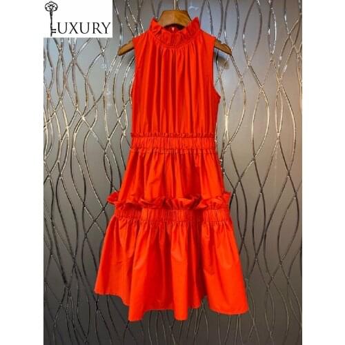 Fashion 2020 Spring Summer Sleeveless High Quality Ladies Ruffle Pleated Patchwork Slim Fitted A-Line Black Orange Dress