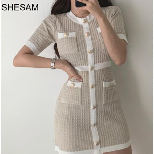 Korean Chic French neck dress woman Single Row Button Contrast Color Design Slim Fit and Thin Buttock Knitted Dress