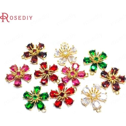 38652)6PCS 14MM 24K Champagne Gold Color Brass and Glass Plum Flower Charms Pendants Jewelry Making Supplies Diy Accessories