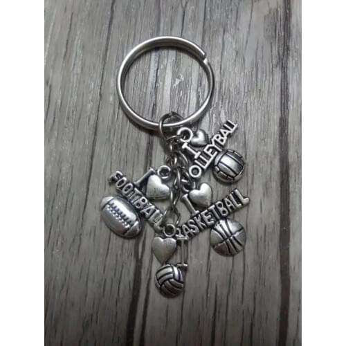 40Pcs Fashion DIY Keychain,25mm Key Ring I love Football Basketball Volleyball Charms Keyring Decorative Bag Gift D283