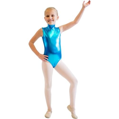 River Blue Metallic Turtle-neck Tank Ballet Leotards Girls and Ladies Modern Dance Bodysuit Performance Costume