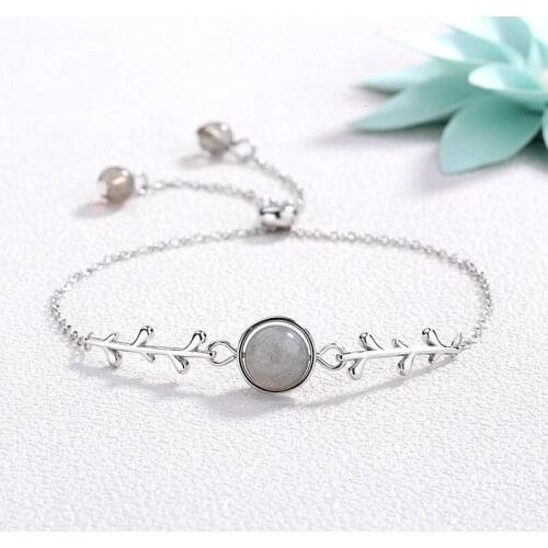 Luxury Simple Silver Plated Moonstone Bracelet Fashion Fresh Girl Olive Tree Branchs Bracelet Charm Womens Valentines Day Gift