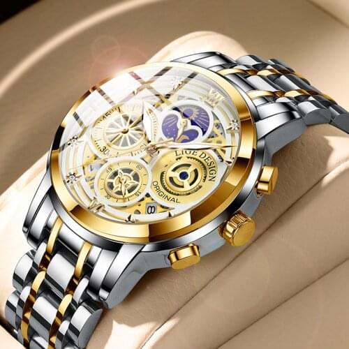 2021 LIGE New Fashion Mens Watch Stainless Steel Hollow out Quartz Watches Mens Top Brand Luxury Waterproof Sports Chronograph