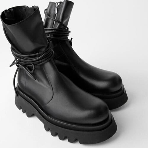 Black Handsome Motorcycle Boots Womens Retro Side Zipper Ankle Lace-up Short Boots Heavy Middle Martin Boots Fashion Shoes Tide