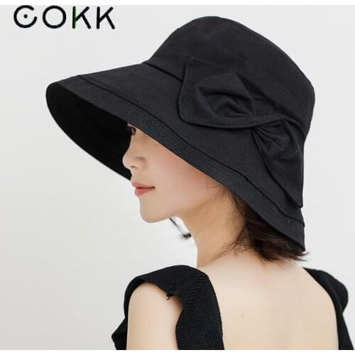 COKK New Solid Color Hat Women Summer Big Bow Brim Sun Uv Protection Fisherman Cap Korea Bucket Hat Gorro Cotton Casual Foldable