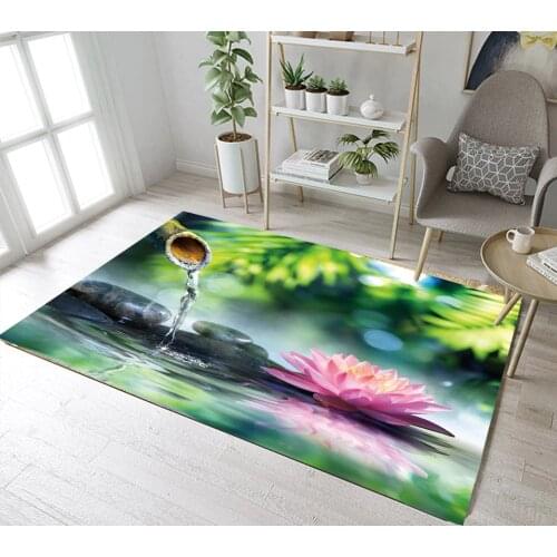 Home Childrens Room Floor Cushion Kitchen Area Rugs Bathroom Carpets Non-Slip Mat Asian Zen Bamboo Water Black Stone Pink Lotus