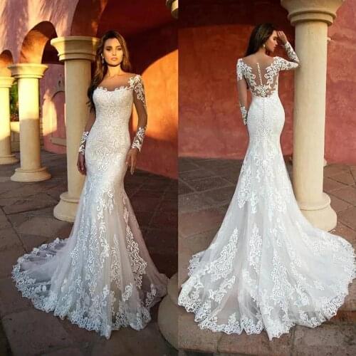 Elegant Wedding Dresses Tulle Appliques Pleat Bateau Full Sleeve Covered Button Mermaid Bridal Gowns Novia Do 2021 New Party