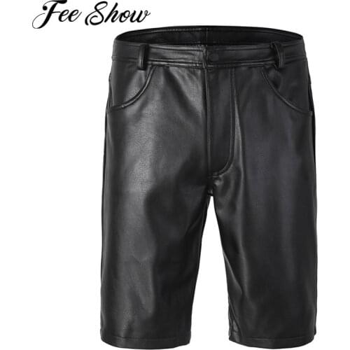 Feeshow Black Mens Faux Leather Boxer Half Shorts with Pockets Men Faux Leather Soft and Comfortable Half Shorts for daily wear